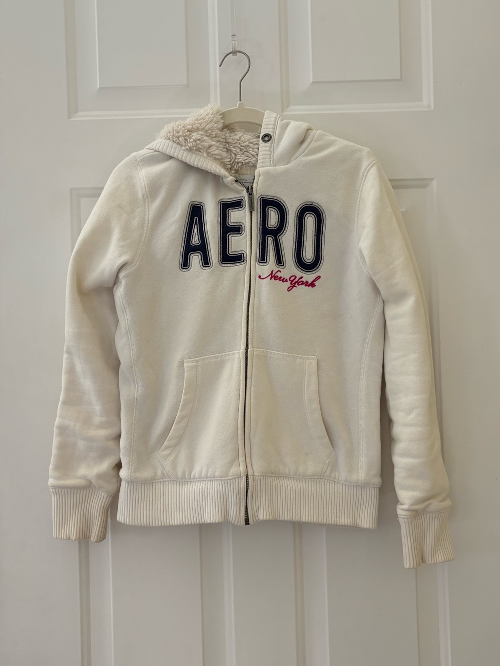 VINTAGE Y2K Cream Aeropostale Sherpa Fur Zip Up Hoodie Grunge  2009 Size Large